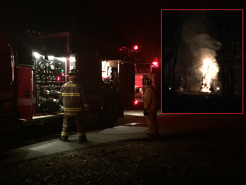 Flames could be seen from across Chickawaukie Pond and out on Route 17 Saturday night, while firefighters from Rockport, Rockland, Camden and Hope spent about 30 minutes snuffing it out. (Photo by Lynda Clancy)