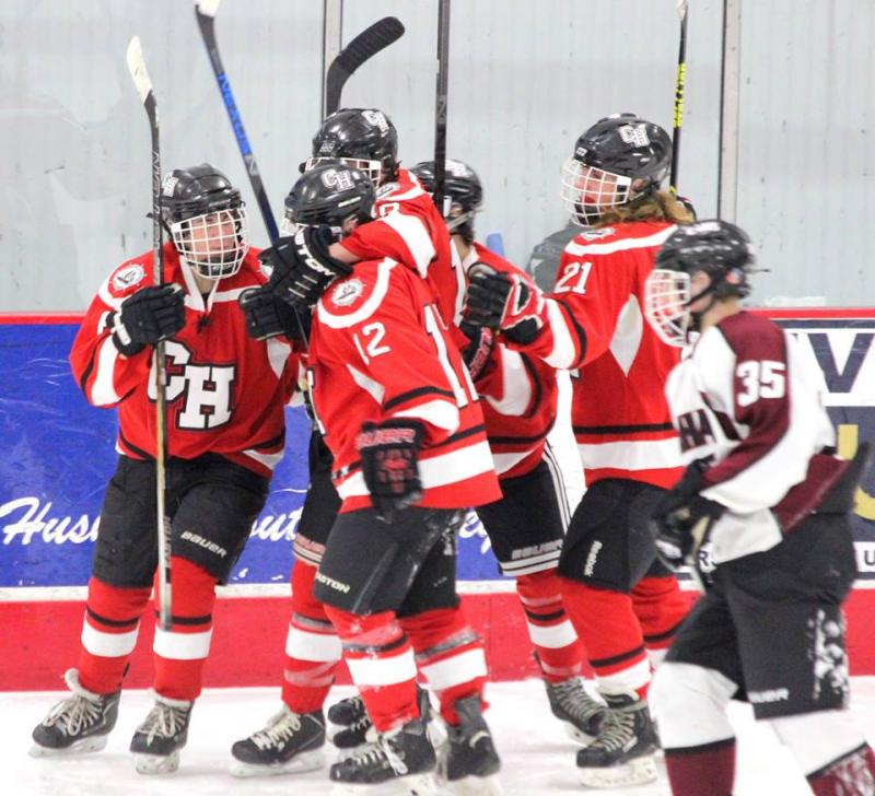 Camden Hills Katherine Orne (#6), Nick Tassoni (#12), Will Davee (#18), Cam Christie (#8), and Dan Lydon (#21) celebrate a Windjammer goal. (Photo Courtesy of Molly Cole)