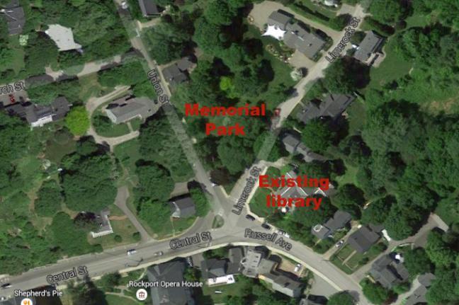 The location of the existing library building on the corner of Union, Central and Limerock streets in downtown Rockport.