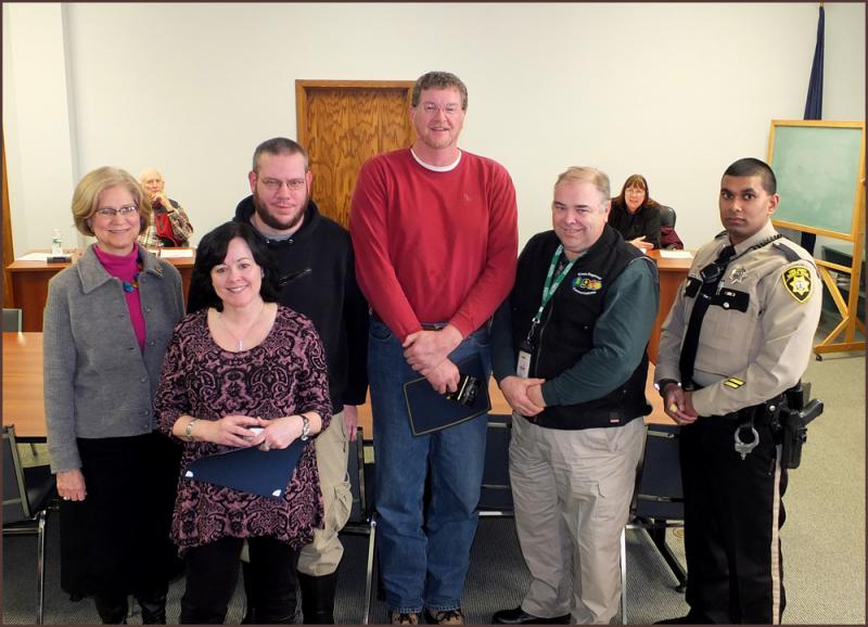 County employees receiving recognition Tuesday in the County Commission Chambers (in no particular order) included Nathaniel Jack, Patrol Deputy for five years of service; Mark Kunz, Airport Maintenance, for five years of service; Stephen Dearborn, Corrections Officer for ten years of service; Linwood Lothrop, Communications Director for 15 years of service; Madelene Cole, Deeds Clerk for 15 years of service and Carol Emory, Judge of Probate for 25 years of service. Absent from the awards were Patricia Speck for 10 years and Shane Riley for 15 years. (Photos by Chris Wolf)