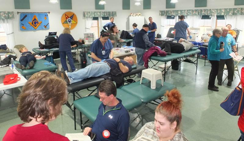 An almost packed house at the Masonic Hall in Rockport, one of two sites for Thursday’s ‘blood feud’ blood donation competition between Camden and Rockport. (Photos by Chris Wolf)