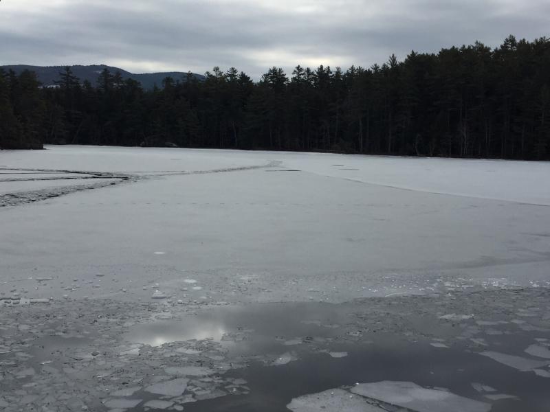 Footprints in the ice show the path Trueman Moore traveled as he walked from Fernald’s Neck, far right and in the background, toward Wiley Neck, foreground left, where he went through thin ice. (Photo by Holly Edwards)