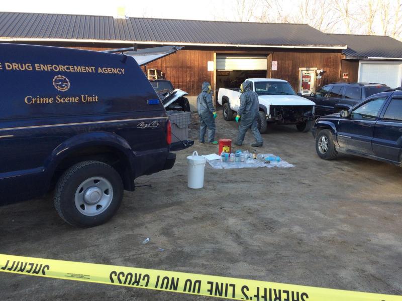 Following a probation check, investigators with the Maine Drug Enforcement Agency responded to a reported methamphetamine laboratory in Raymond and arrested a Raymond man there. (Courtesy Maine Drug Enforcement Agency)