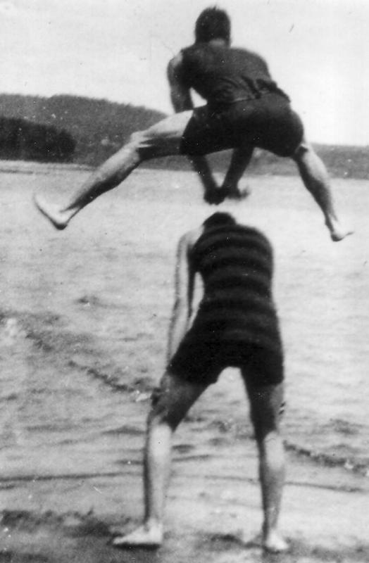 This wonderful photo, taken on Lincolnville Beach back when men wore bathing suits like this, was in an album that found its way to the Historical Society one day several years ago. All the photos were taken at or near today’s Spouter Inn, then a private summer cottage called the Fir Wigwam.
Photo courtesy Lincolnville Historical Society leap frog