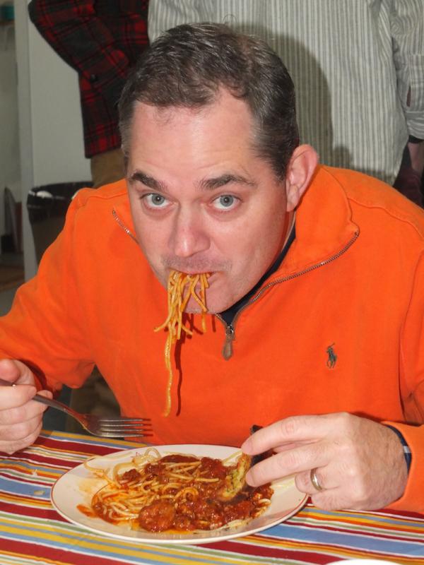 Derek Anderson displays his spaghetti eating technique.