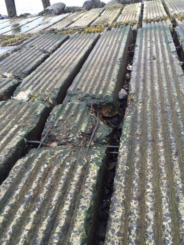 The concrete pads at Steamboat Landing were chewed up by the April 11 storm. (Photo courtesy Steve Pixley)