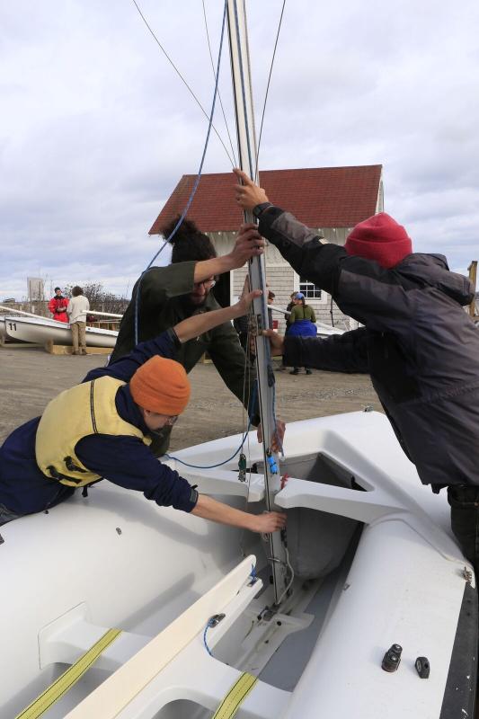 Rigging, launching, and Sailing Collegiate 420s. One design fleet boats used by high schools and college sailing teams. (Photo Courtesy of David Lyman)