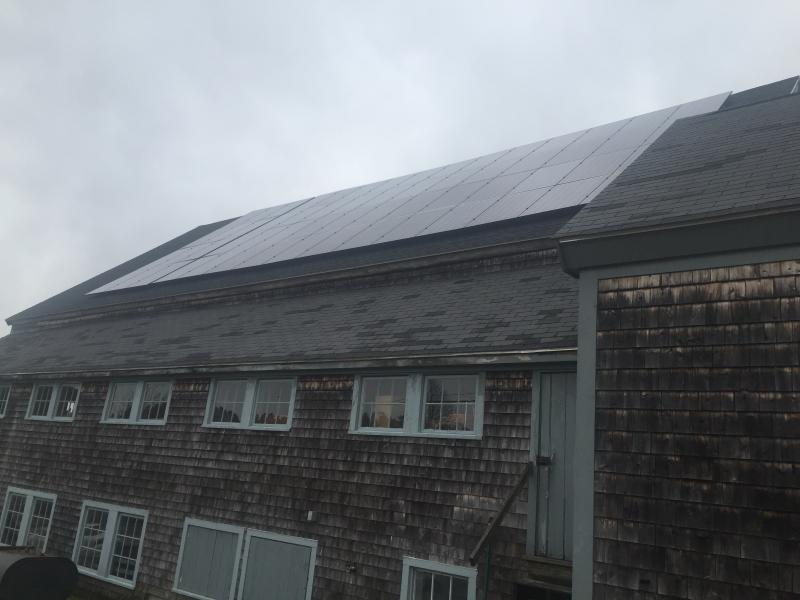 Solar panels on the barn roof at Morris Farm on Gardiner Road in Wiscasset meet a mostly gray morning sky April 2. SUSAN JOHNS/Wiscasset Newspaper