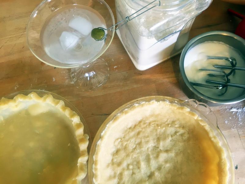 Making pies is always more fun while sipping a martini from a beautiful Venetian glass. SUZI THAYER/Boothbay Register