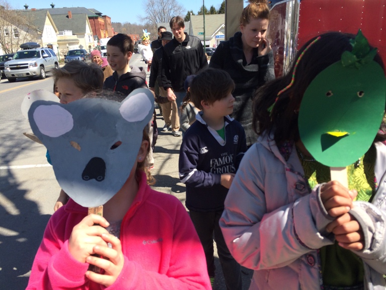 Students Norah Grotton and Haydee Temple with their animal masks