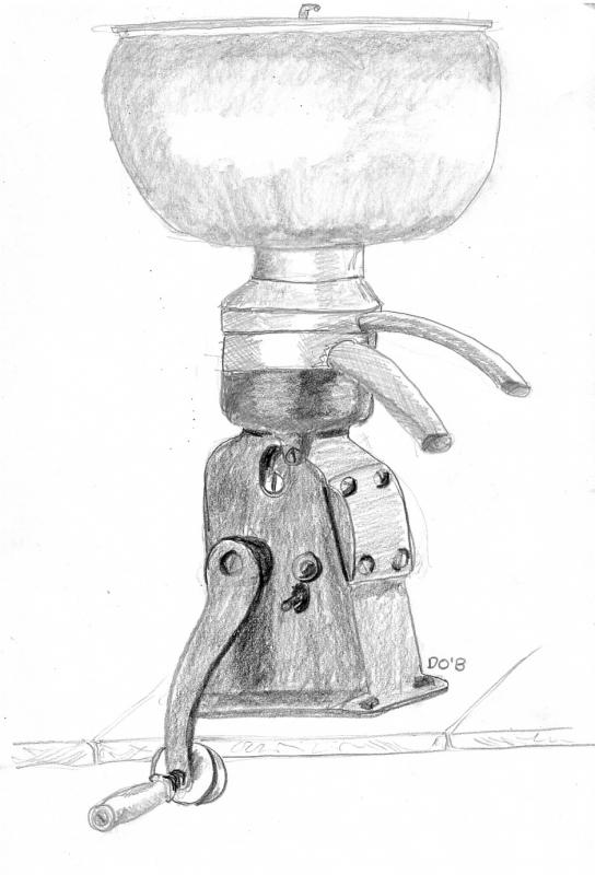 This is the DeLaval table model cream separator. The company also made a larger, floor model.
Drawing by Diane O’Brien cream separator