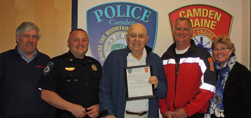 From left, Parker “Chip” Laite Jr., Camden Police Chief Randy Gagne, Parker Laite Sr., Camden Fire Chief Chris Farley and Dody Laite-Urquia. (Photo by Holly S. Edwards)