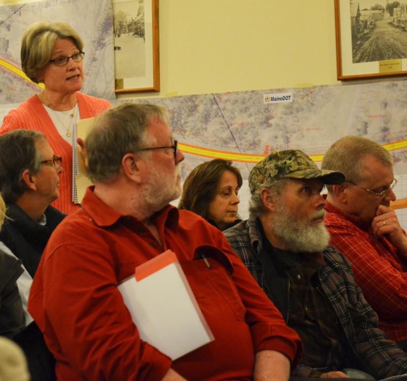 Camden resident Deb Dodge questions the DOT about the Route 1 North plans. (Photo by Lynda Clancy)