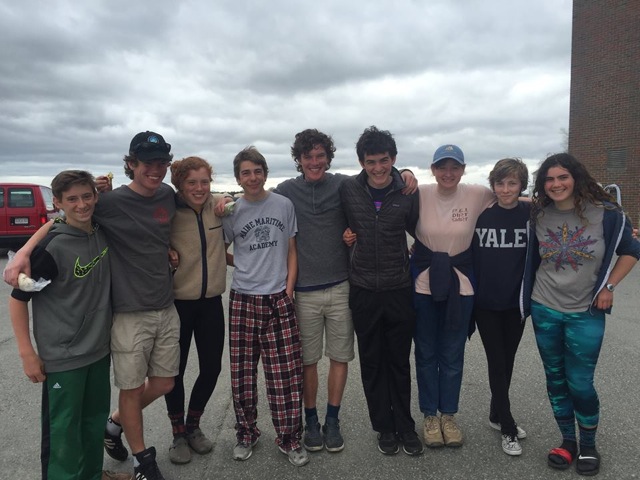 Rockland Community High School Sailing Team (l-r): Andy Bird, Warren Galloway, Jillian Galloway, Elliot Spear, Peter Galloway, Jesse Dunn, Hannah Chase, Claudia Fox, and Hallie MacDougal. (Photo Courtesy of David Lyman)