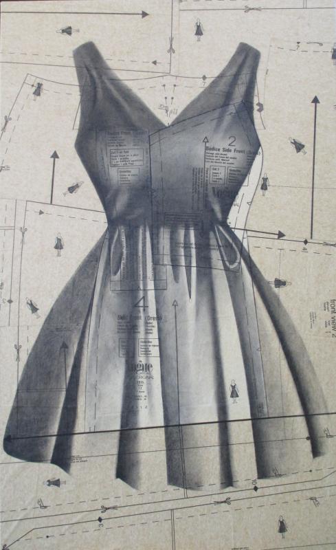 Lesia Sochor, ‘Little Black Dress,’ 36x22, oil on collaged sewing pattern paper, 2016.