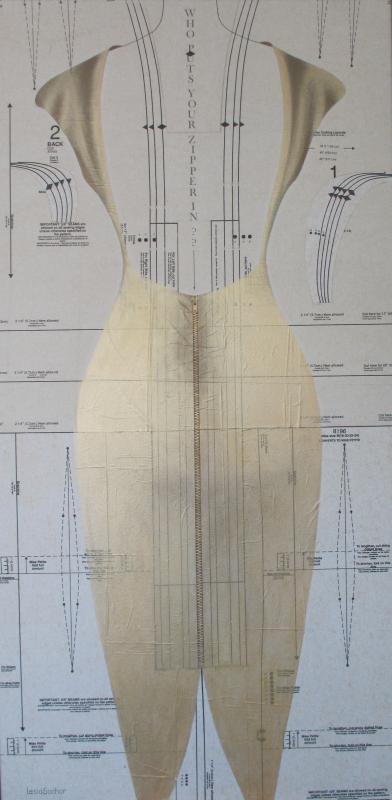 Lesia Sochor, ‘Oscars,’ 48x24, oil on collaged sewing pattern paper, 2016.