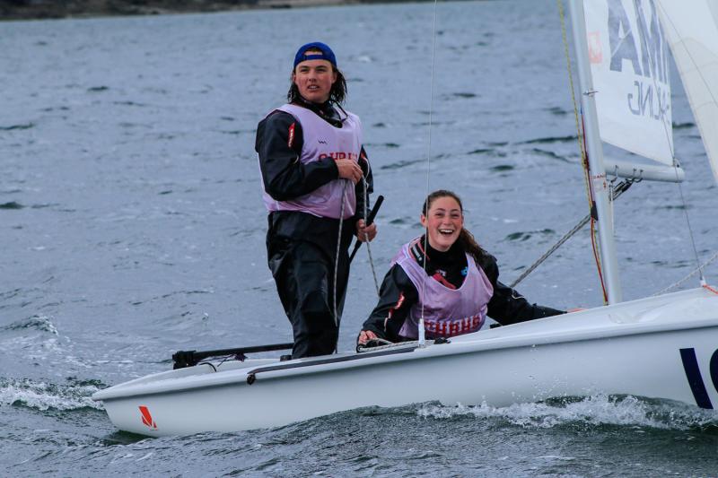 Winning team from CHRHS Simon Morin (skipper) and Erin Dowd took a first and second in Sunday's races. (Photo Courtesy of David Lyman)
