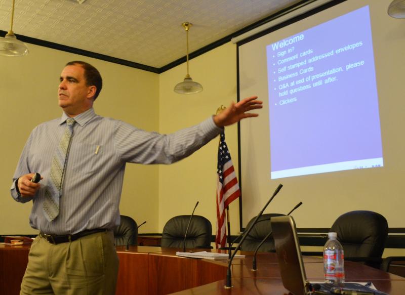 Ernie Martin, Maine Department of Transportation Project Manager, talks to a roomful of Camden, Lincolnville and Rockport residents, officals and state representatives about the upcoming reconstruction of Route One North in Camden. (Photo by Lynda Clancy)