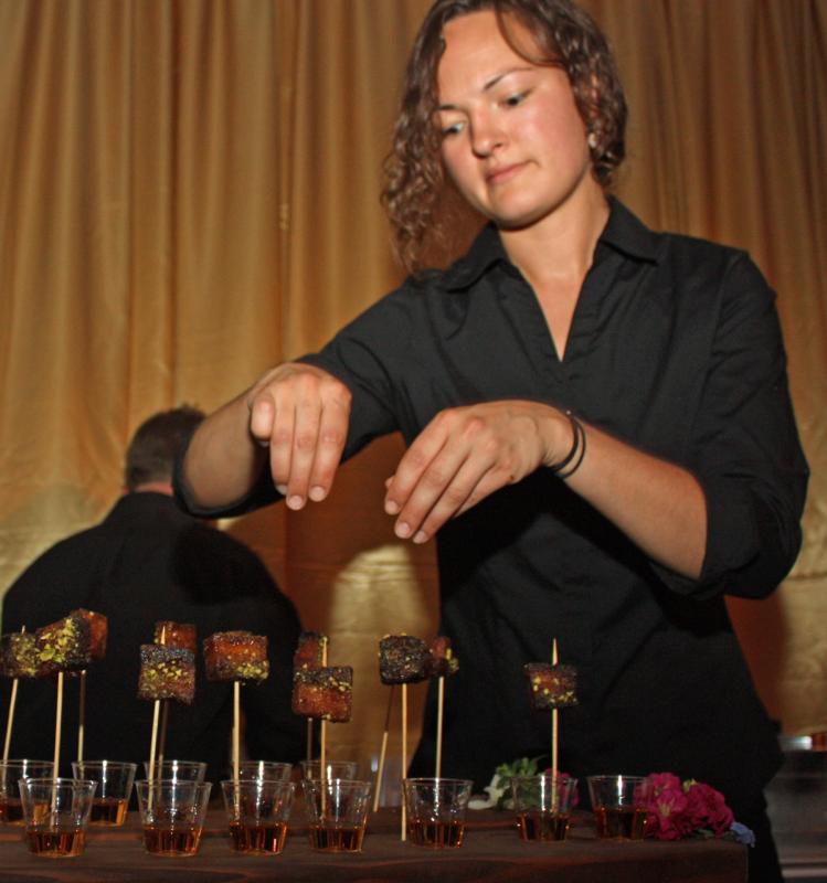 One of the many offerings from Trillium Catering were these delicious Maple-Glazed Pork Belly Skewers paired with Bulleit Bourbon. (Photo by Holly S. Edwards)