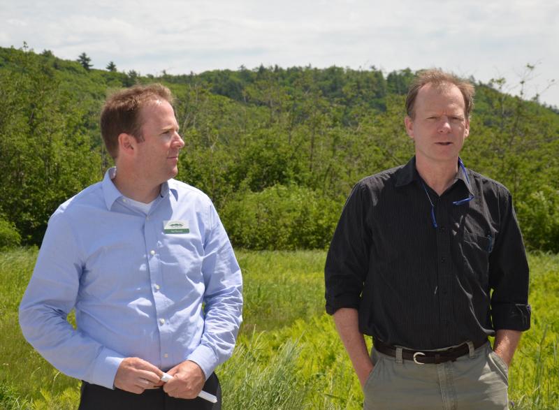 Coastal Mountains Land Trust Executive Director Ian Stewart and Camden Snow Bowl General Manager Landon Fake talk about the extended Kuller trail system for Nordic skiers with the construction of the nine-mile Round the Mountain Trail. (Photo by Lynda Clancy)