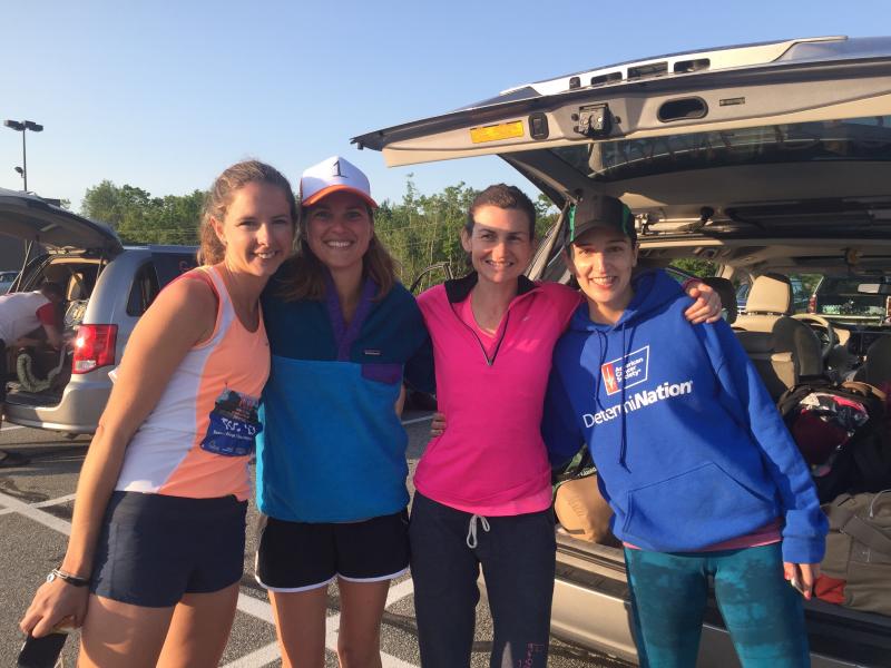 Most of team Runners Orange comes together for a photo in the Shaw’s parking lot Saturday. From left are Kailey Ingerman of Rye, New Hampshire; Jenn Therrien of Eliot; Nicole Derr of South Berwick; and Elizabeth Furbish of New York City. They were awaiting the arrival of teammate Angela Nasveschuk of Yarmouth. SUSAN JOHNS/Wiscasset Newspaper