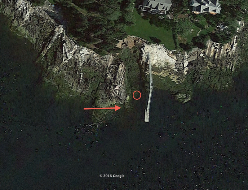 Google Earth image of boat crash scene. Orange arrow approximates boat’s trajectory. Orange oval approximates boat’s location when rescuers arrived.
