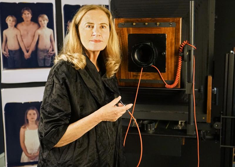 Joyce Tenneson behind the giant Poloroid camera, which she recently used at Dowling Walsh to take photos of local families. Photo courtesy Mary Dowling.