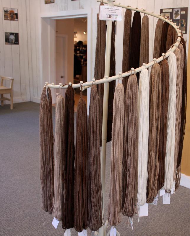 Various colors of yarn, all identified by the alpaca it came from. ‘If you like Effie Mae, who is white, you can buy her yarn,’ said Robin Fowler Pratt. (Photo by Holly S. Edwards)