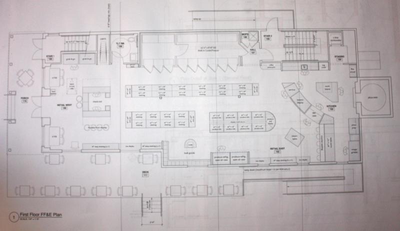 The floor plan includes cash register/check out in the center at the font, a few cafe tables by the front windows to enjoy a cup of soup while using the WIFI to check email, a generous row of coolers and freezers, aisles and shelves for groceries and a wood fired brick oven at the back with a counter and few benches to wait for a hot pizza to be pulled from inside. (Photo by Holly S. Edwards)