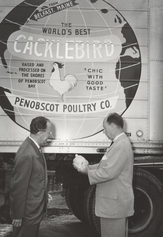 Adlai Stevenson, Democratic presidential candidate, visited Belfast in July of 1956. He attended the opening of the new state-of-the-art Penobscot Poultry Company processing plant, was given a tour of the facility and had the opportunity to examine the finished product – a Cacklebird chicken. (Photo courtesy Balfast Historical Society)