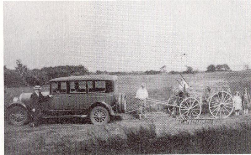 The Pattisons contributed their Cadillac to pull in the hay wagon down on the shore.
Photo courtesy of Lincolnville Historical Society haying