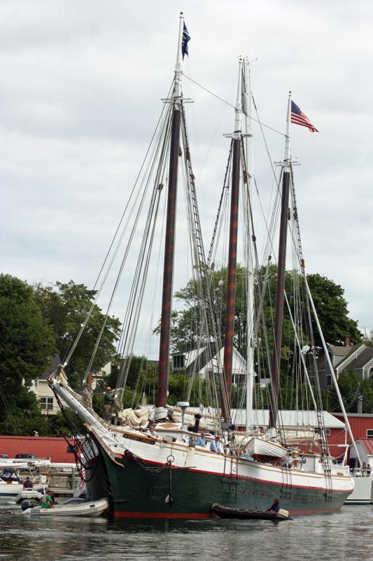 The big, three-masted schooner Victory Chimes makes it’s way in and around the head of Camden Harbor Friday afternoon. (Photo by Holly S. Edwards)