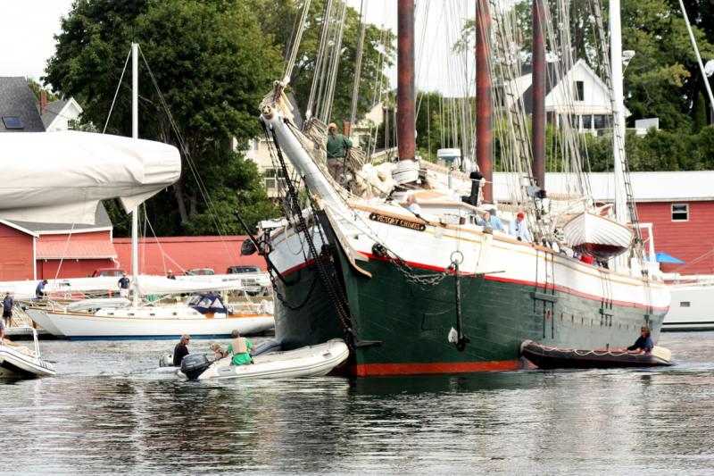 The big, three-masted schooner Victory Chimes makes it’s way in and around the head of Camden Harbor Friday afternoon. (Photo by Holly S. Edwards)