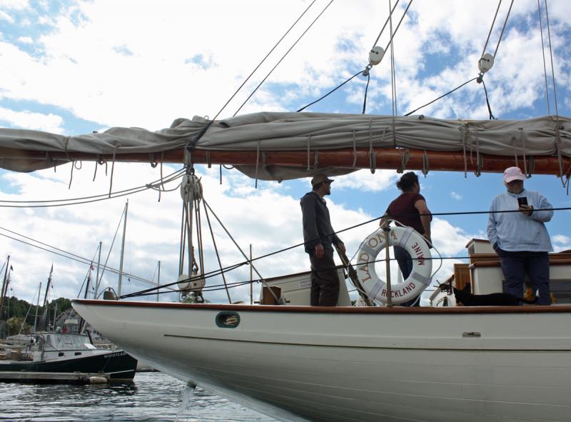 Rebuilt stem to stern, and returned to her original name, Ladona arrives in Camden Harbor Friday. (Photo by Holly S. Edwards)