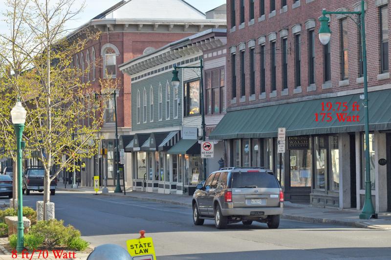 Downtown Rockland, with the old lights that were installed in 1999/2000. In the photo below, the new lights on the same stretch of street. (Photo courtesy Larry Pritchett/Rockland Energy Committee)