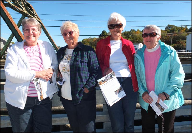 Cheryl Harjula, Joanne Harjula, Arlene Woodman and Enid Dana all Thomaston residents. What they remember most about the old bridge is that you had to stop for a truck or school bus if it didn’t stop for you. (Photos by Chris Wolf)