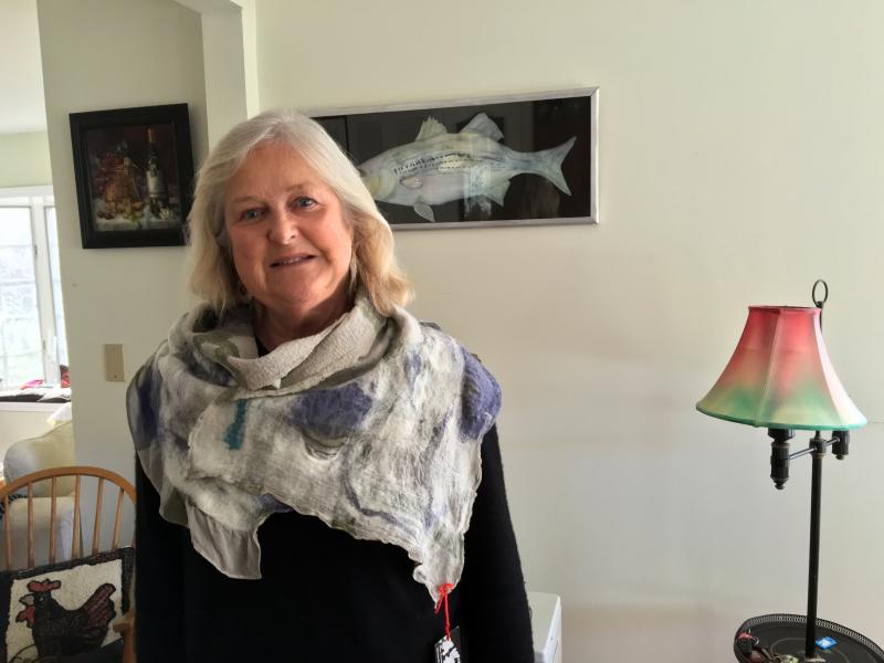 Helen Farnham wearing one of her newest artistic projects — scarves. SUZI THAYER/Boothbay Register