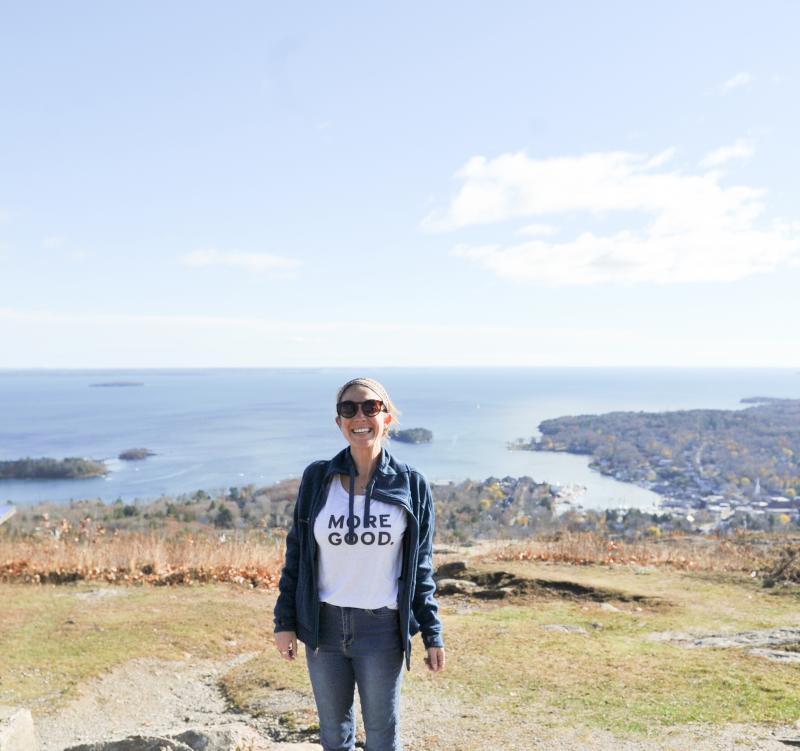 Mary Latham seeing the top of Mt. Battie for the first time. (Photo courtesy Mary Latham)