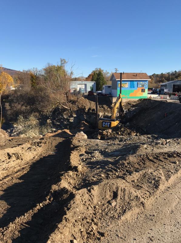 The hole between the north and south ends of Jacobs Quarry will eventually be 58-feet-deep and then refilled with concrete to act as a barrier and reduce water flowing from one to the other. (Photo by David Edwards)