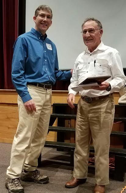 MSBA President Richard McLaughlin with President's Award winner Matt Scott of Belgrade. (Photo by Lynn Lamb)