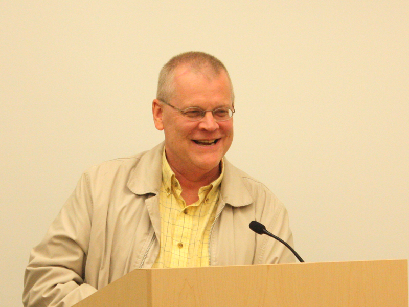 Lincolnville Town Administrator David Kinney appears at the Nov. 14 Board of Selectmen meeting to say hello, offer thanks and to say he’s progressing in his recovery and looks forward to coming back to work. (Photo by Holly S. Edwards)