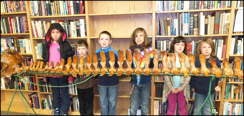 Kyley Leigh, Tanner Kopishki, Lucas Baker, Oscar Malcolm Eastwood Oakes, Abigail Kopishki and Enzo Oakes pose with the pilot whale skeleton they assembled at the Gibbs Library. (Photos by Chris Wolf)
