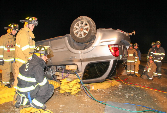 Rockport and Rockland firefighters participated in a joint training to practice extrication techniques Oct. 26 at the Rockland Transfer Station. (Photo courtesy of Rockport Fire Department)