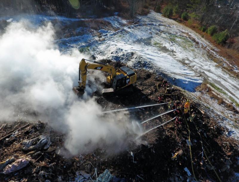 A drone’s eye view of the landfill fire currently still burning at Mid-Coast Solid Waste on Union Street in Rockport. (Courtesy Justin Ford)