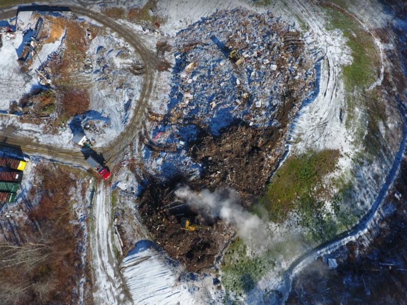 A drone’s eye view of the landfill fire currently still burning at Mid-Coast Solid Waste on Union Street in Rockport. (Courtesy Justin Ford)
