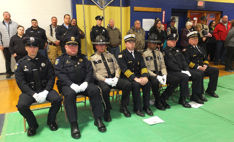 Members of the Knox County Sheriff;s Office, Waldoboro Police Department and Waldoboro Fire Department presented wreaths to veterans and town officials.