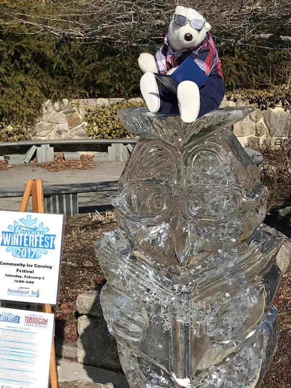 Winterfest mascot, Cam, sits atop an ice sculpture near the entrance to Camden Public Library and the Amphitheatre, where Community Ice Sculpting will commence Saturday, Feb. 4, at noon. (Courtesy Karen Brace)