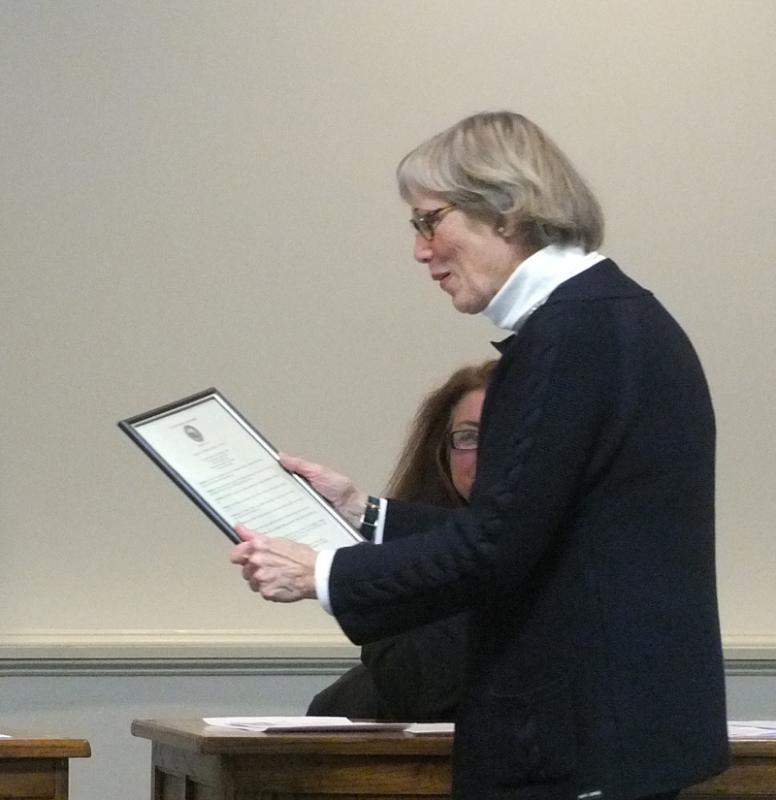 Ann Moris reads the resolve dedicating Feb. 22, as Edna St. Vincent Millay Day in Rockland. (Photo by Chris Wolf)