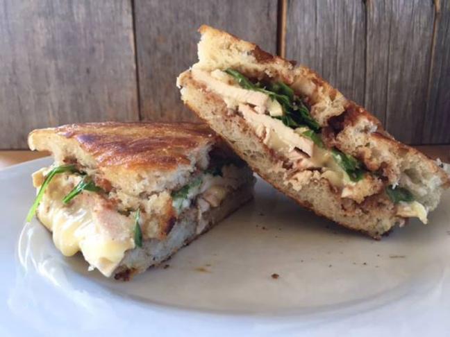 The type of food Anna Wagner used to serve out of Wags Wagon in Belfast: a chicken and brie panini with thinly sliced apples, apple butter and arugula, on focaccia bread. (Photo courtesy Wags Wagon)