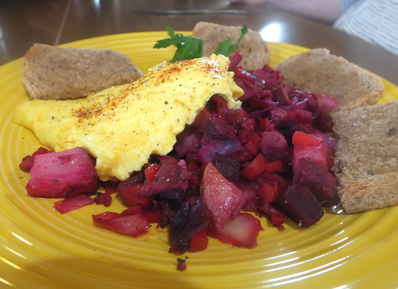 Red flannel hash with scrambled eggs